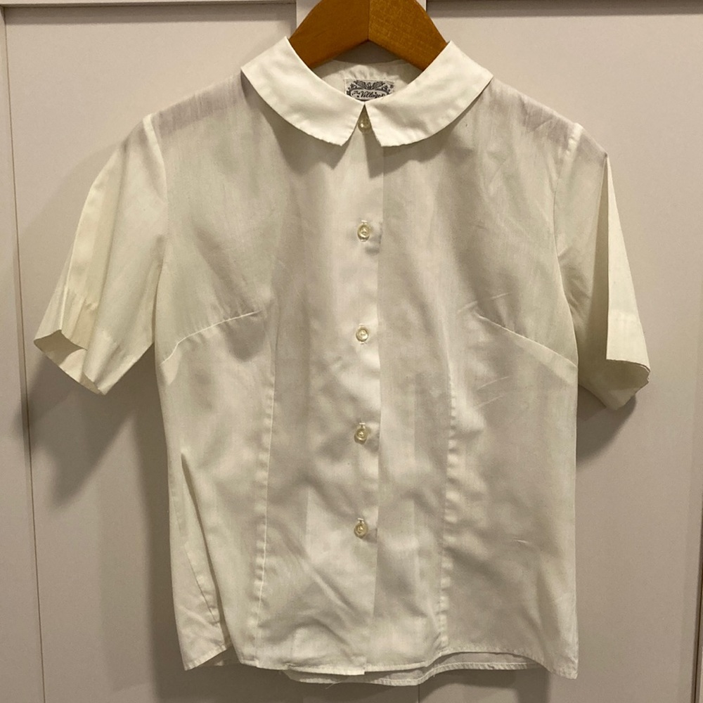 Vintage Women's White Short-Sleeve Button-Up Blouse Peter Pan collar